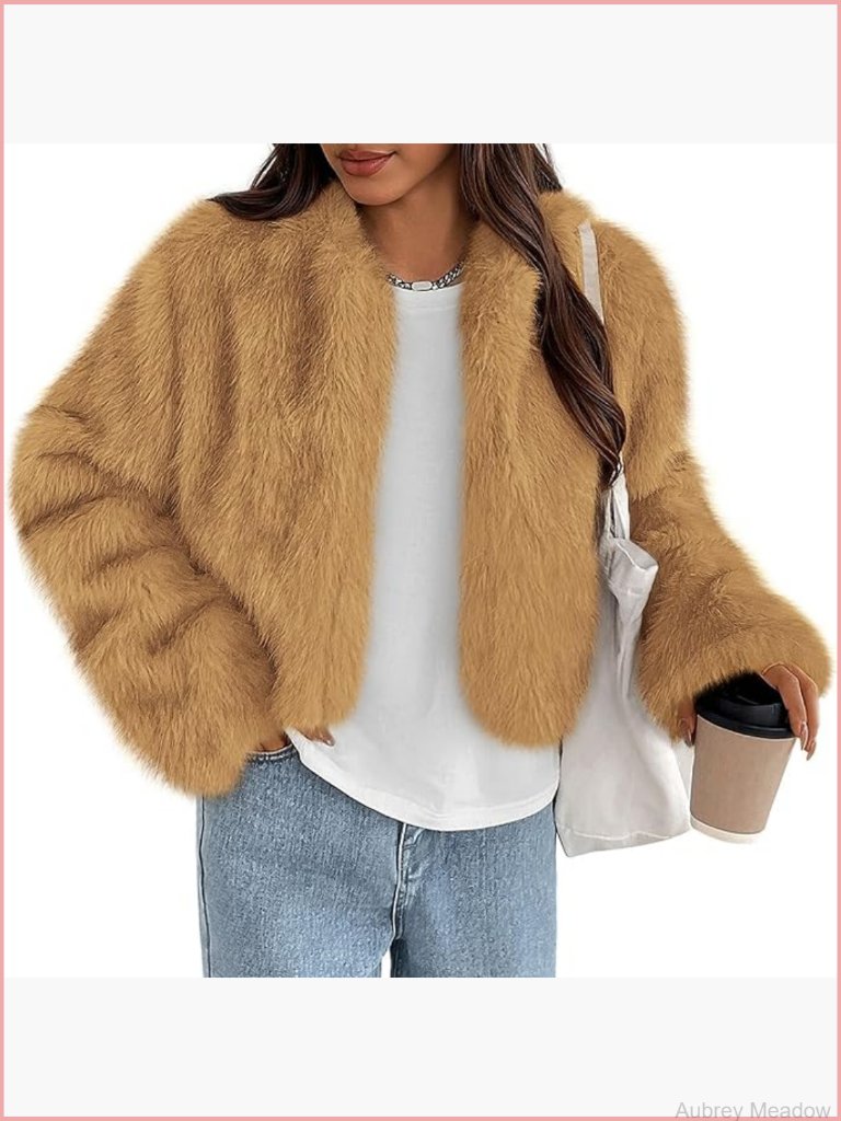 Faux Fur Cropped Jacket Long Sleeve Open Front Shaggy Coat Warm Fluffy
